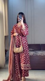 Red sherwani Style Gwan Three Piece Set ❤️ - Image 4